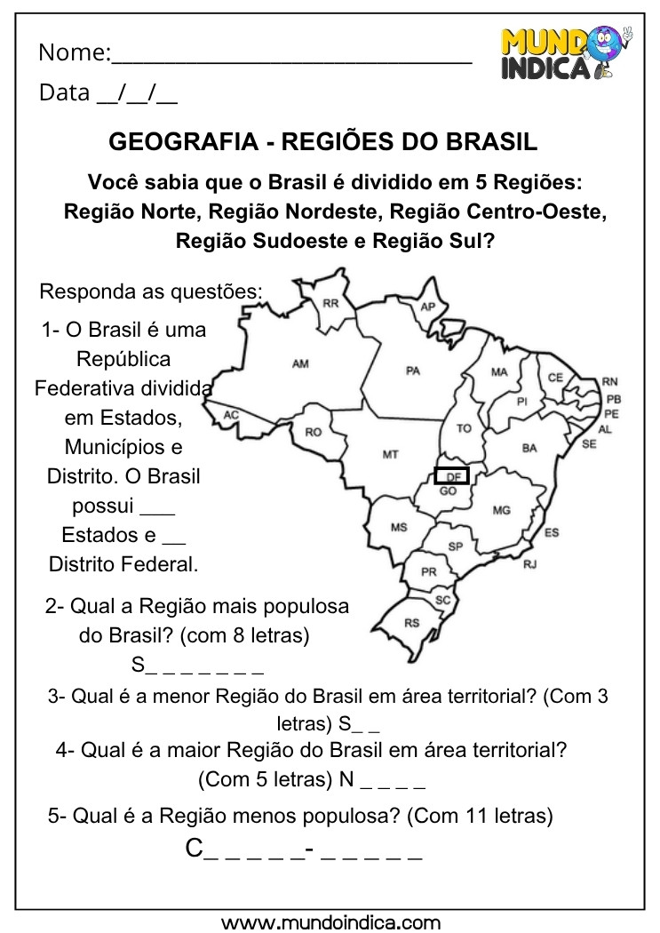 Atividade de Geografia sobre Regiões do Brasil com Questões de População e Território
