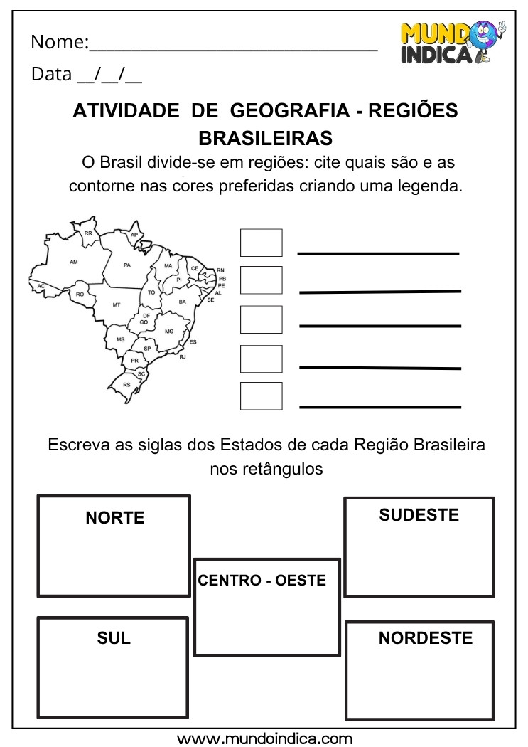 Atividade de Geografia sobre Regiões do Brasil para Identificar Siglas dos Estados e Criar Legenda Colorida
