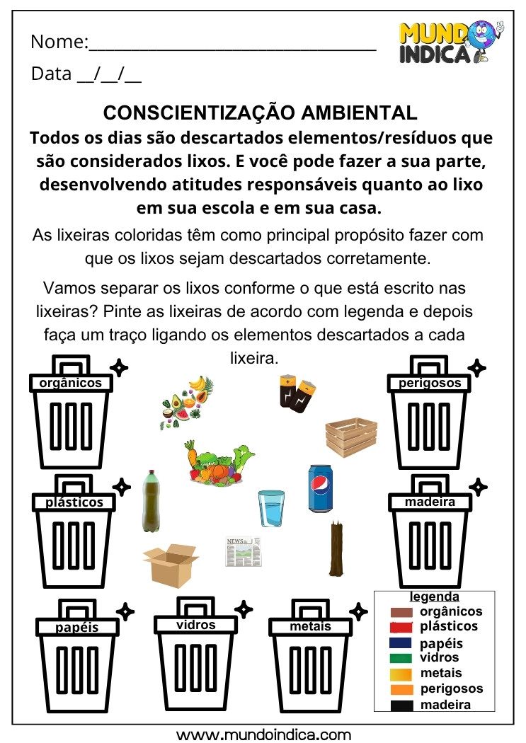 Atividade de Geografia sobre Separação do Lixo com Lixeiras e Legenda para Pintar e Reciclar