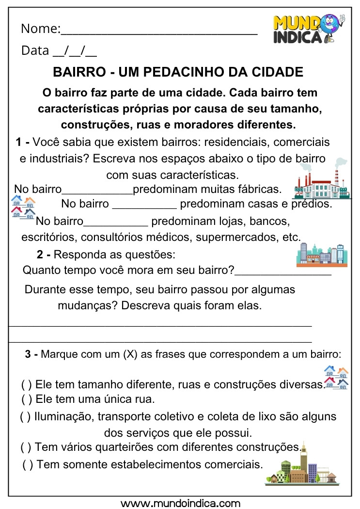 Atividade de Geografia sobre Tipos de Bairros, Serviços Urbanos e Transformações ao Longo do Tempo