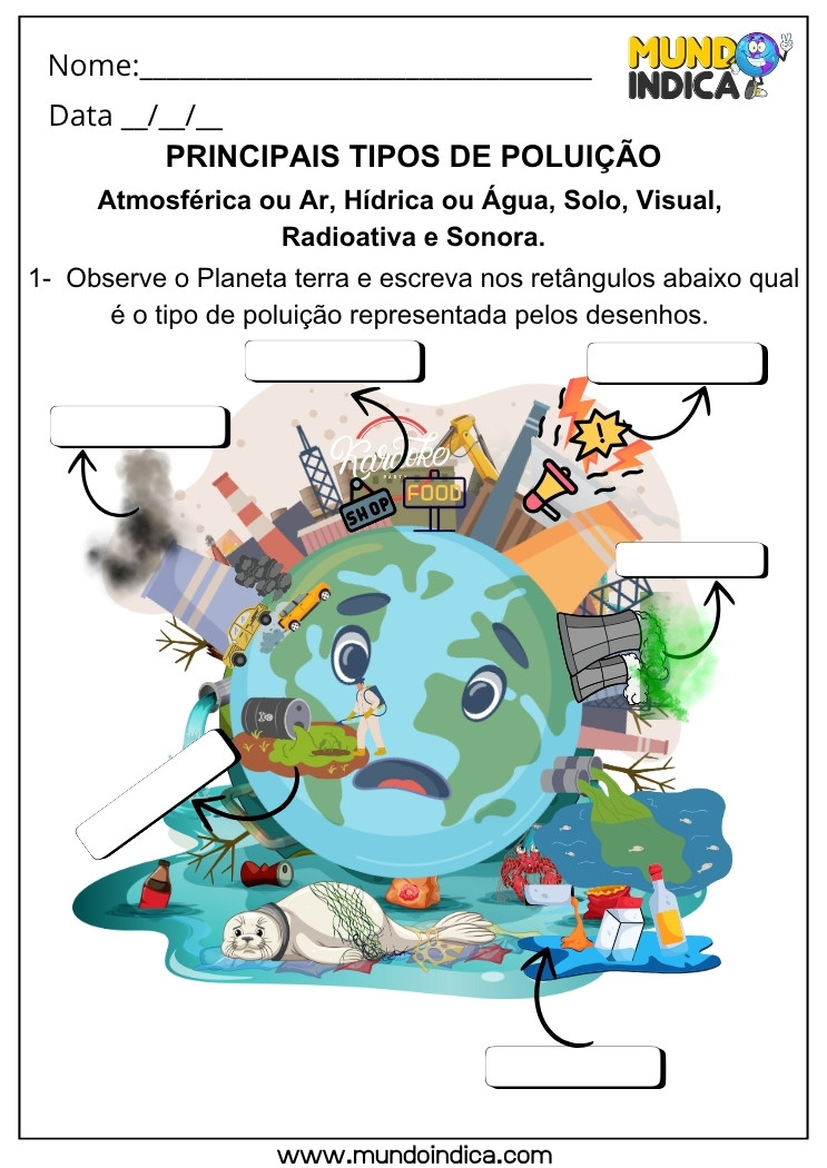 Atividade de Geografia sobre Tipos de Poluição Ambiental com Ilustração do Planeta Terra para Identificar Contaminações