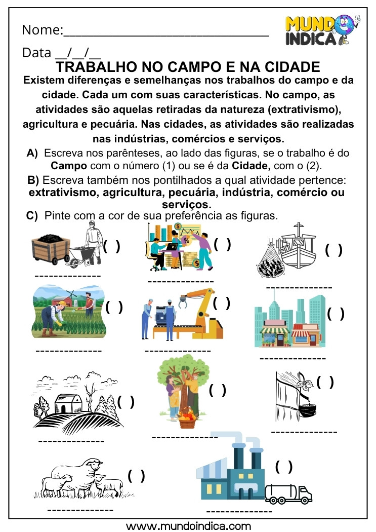 Atividade de Geografia sobre Trabalho no Campo e na Cidade com Identificação de Atividades Econômicas