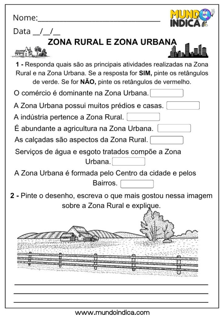 7 Atividades de Geografia sobre Zona Urbana e Zona Rural alinhadas à BNCC