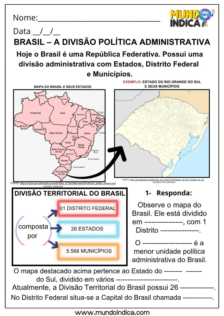 Atividade de Geografia sobre a Divisão Política do Brasil com Mapa para Identificar Estados, Municípios e o Distrito Federal