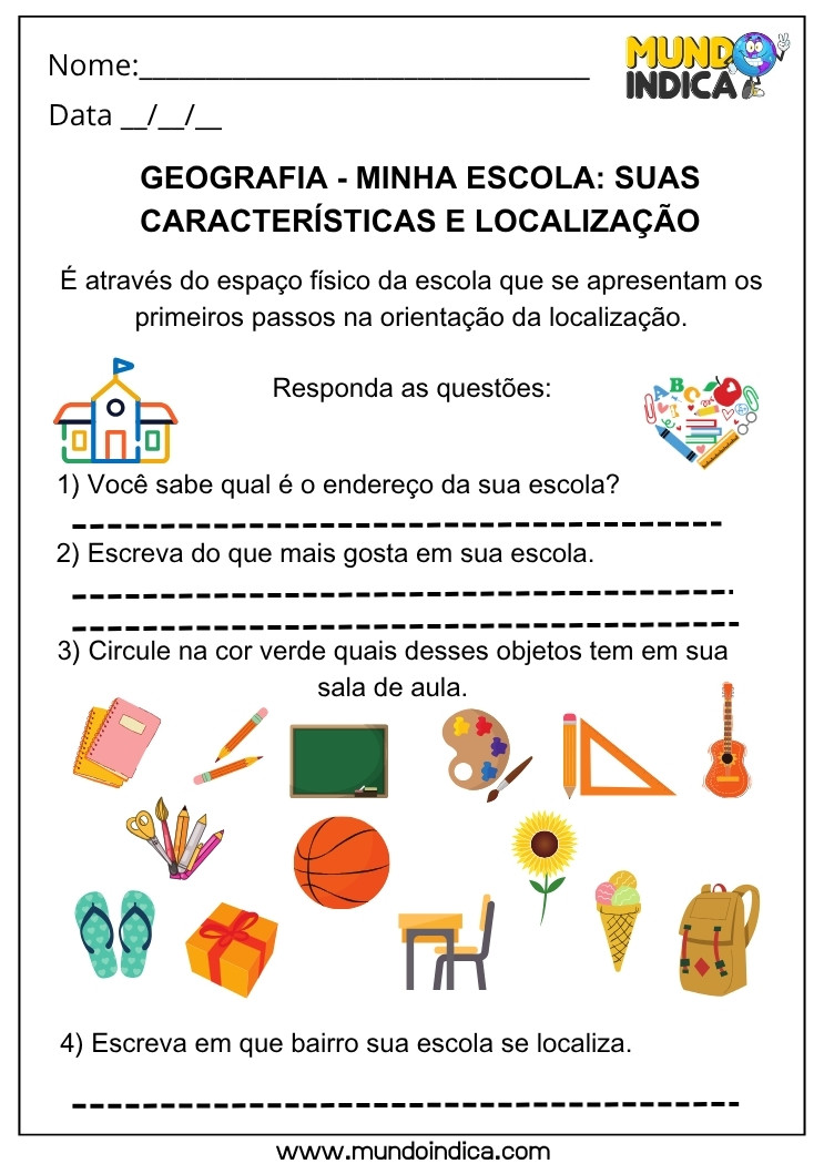 Atividade de Geografia sobre a Escola e sua Localização para Identificar Objetos e Bairro – 1º Ano