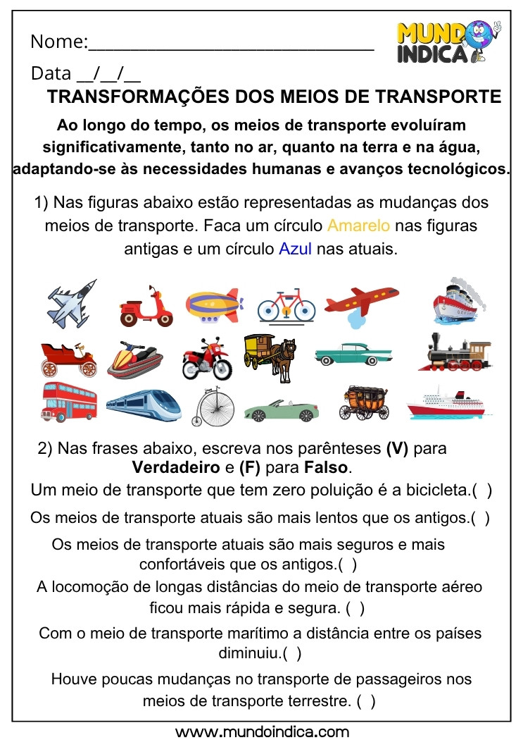 Atividade de Geografia sobre a Evolução dos Meios de Transporte Antigos e Atuais