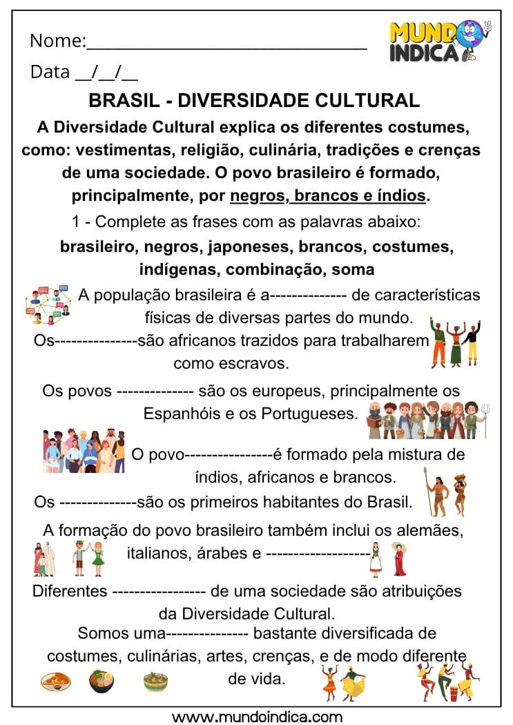 Atividade de Geografia sobre a Formação do Povo Brasileiro e Diversidade Cultural