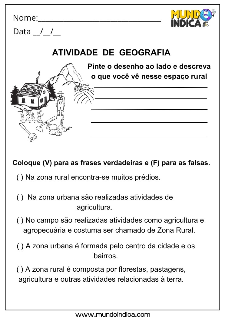 Atividade de Geografia sobre a Zona Rural com Descrição de Paisagem e Verdadeiro ou Falso