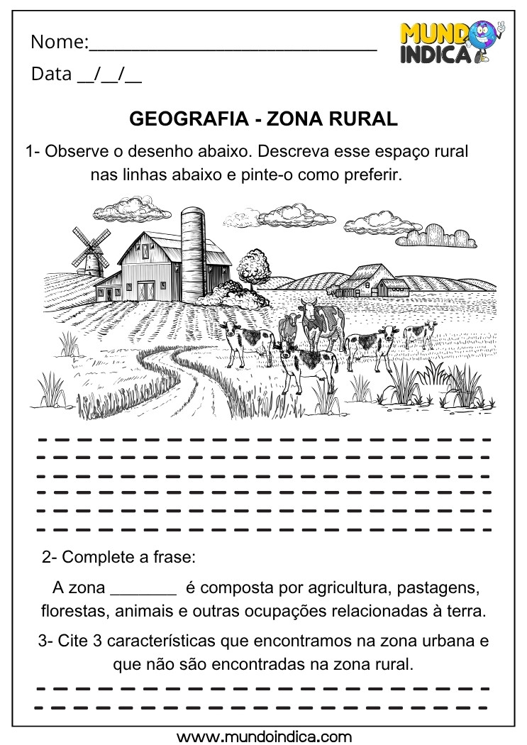 Atividade de Geografia sobre a Zona Rural com Desenho para Descrever e Comparar com o Espaço Urbano