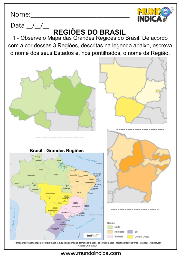 Atividade de Geografia sobre as Regiões do Brasil com Leitura de Mapa e Identificação de Estados