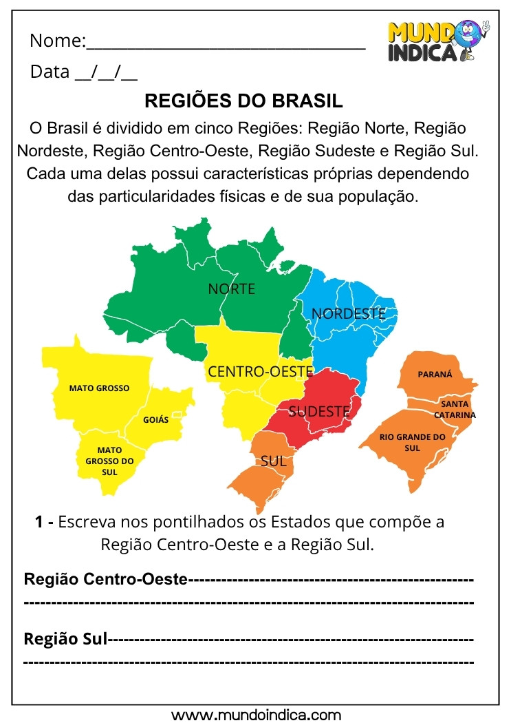 Atividade de Geografia sobre as Regiões do Brasil com Mapa Colorido para Identificar os Estados da Região Centro-Oeste e Região Sul
