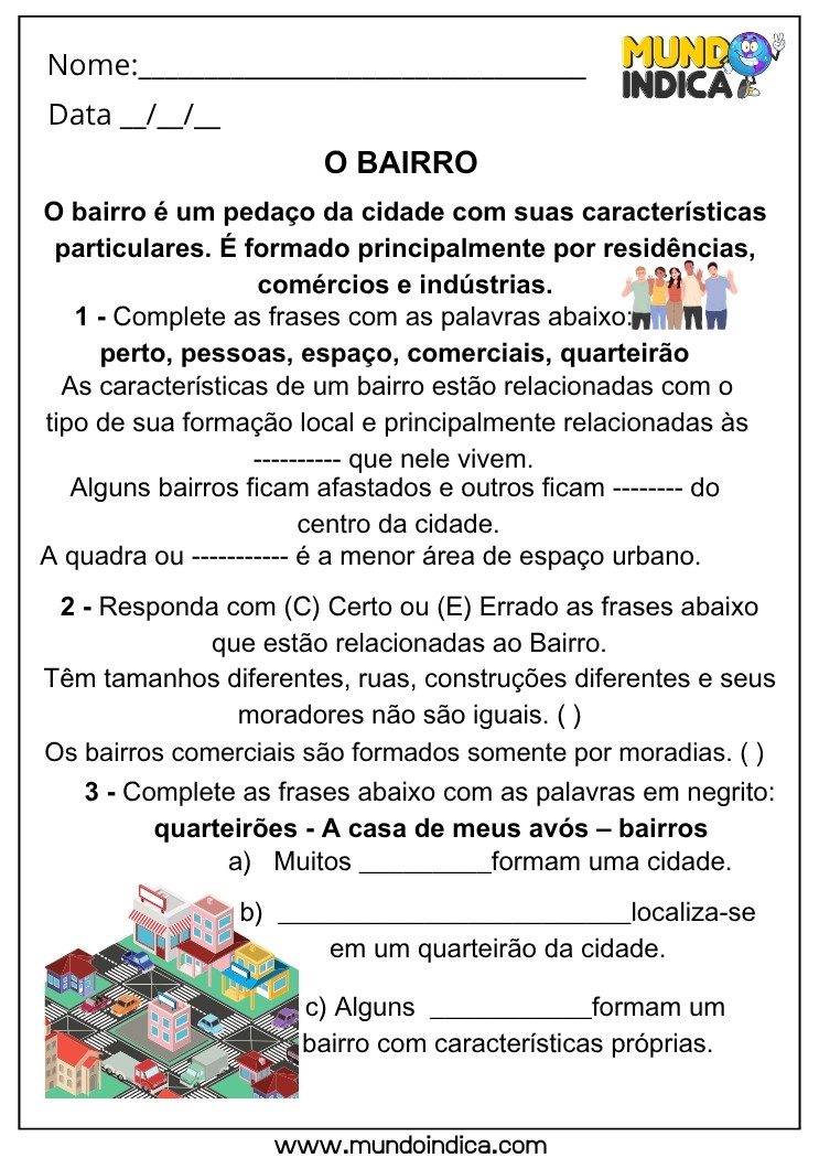 Atividade de Geografia sobre o Bairro e os Quarteirões para Trabalhar a Organização da Cidade