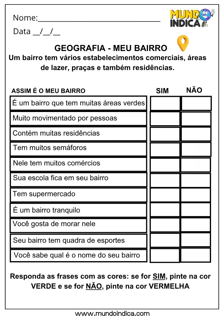 Atividade de Geografia sobre o Bairro onde o Aluno Mora com Questões de Observação e Pertencimento