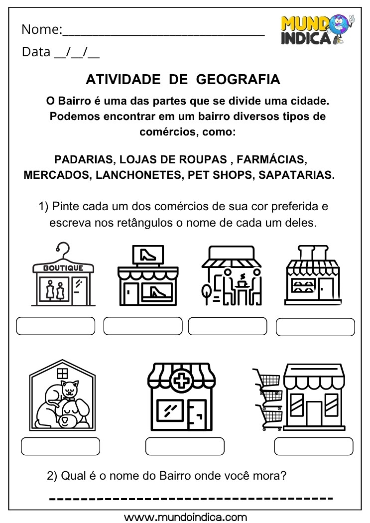 Atividade de Geografia sobre os Comércios do Bairro e Espaços Urbanos