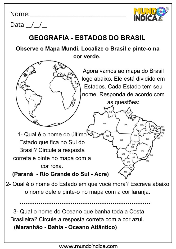 Atividade de Geografia sobre os Estados do Brasil com Mapa Político para Colorir