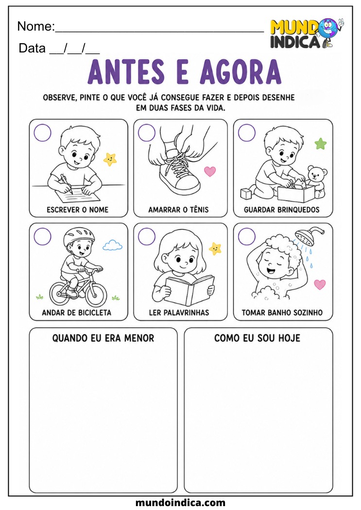 Atividade de História para comparar o antes e o agora no crescimento da criança
