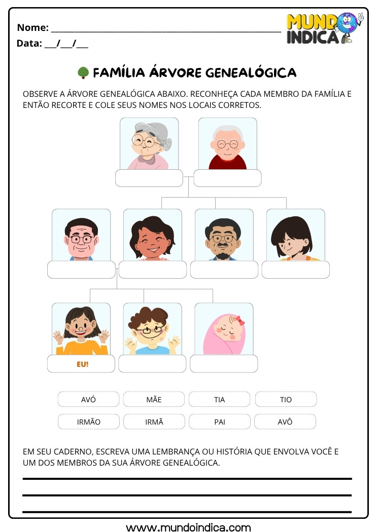 Atividade de História 1º Ano sobre Árvore Genealógica e Memórias Familiares para Imprimir