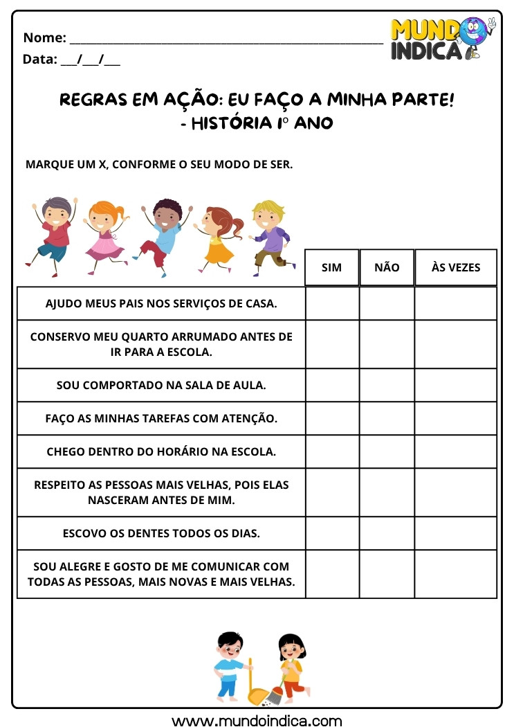 Atividade de História 1º Ano sobre Comportamentos em Casa e na Escola para Imprimir