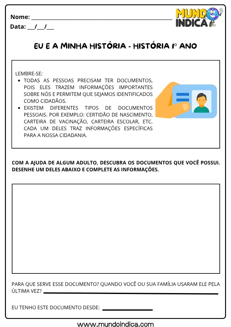 Atividade de História 1º Ano sobre Documentos Pessoais e Cidadania para Imprimir