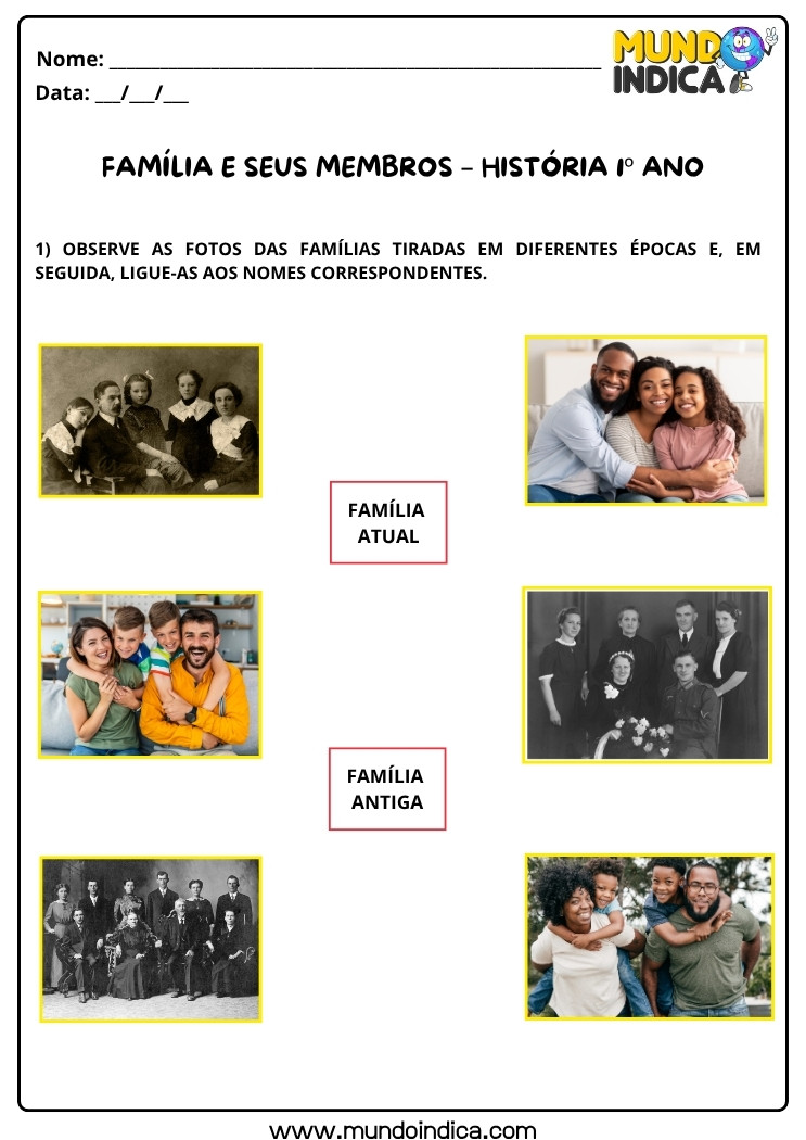 Atividade de História 1º Ano sobre Família Antiga e Atual para Imprimir