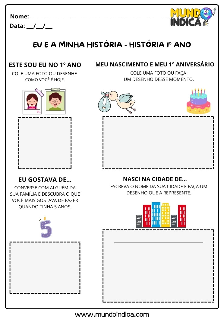 Atividade de História do 1º ano sobre identidade, nascimento e linha do tempo infantil com espaços para desenhos e registros pessoais