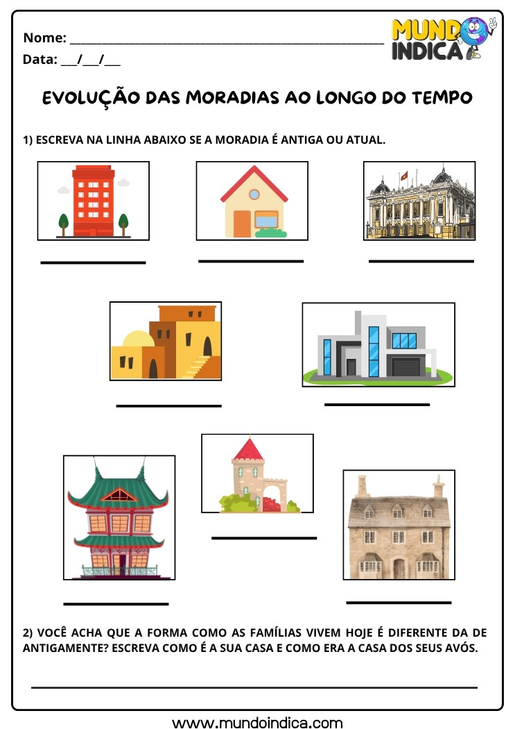 Atividade de História 1º Ano sobre Moradias Antigas e Atuais para Imprimir