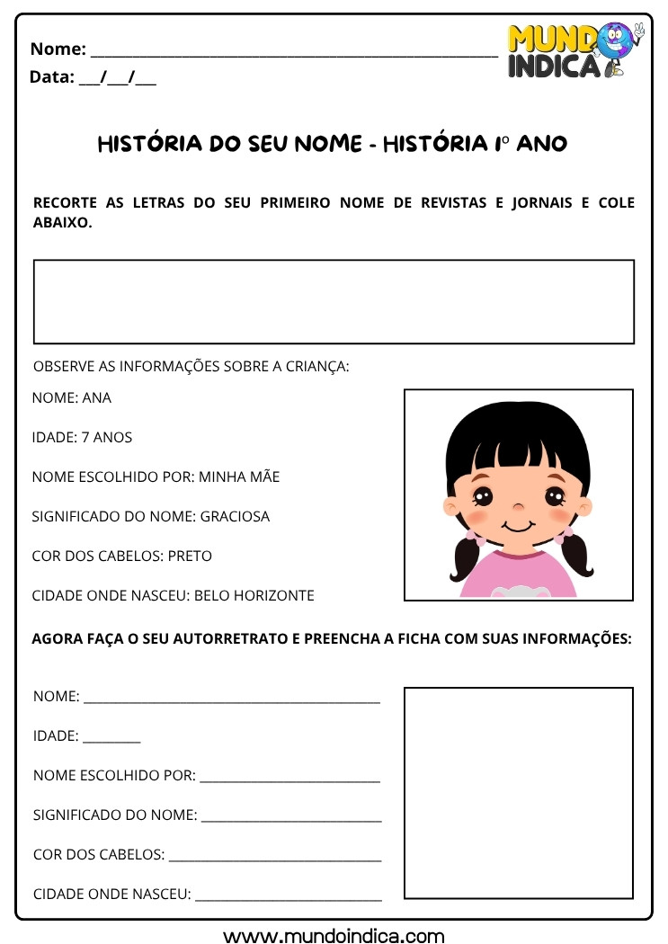 Atividade de História 1º Ano sobre Origem do Nome e Identidade para Imprimir