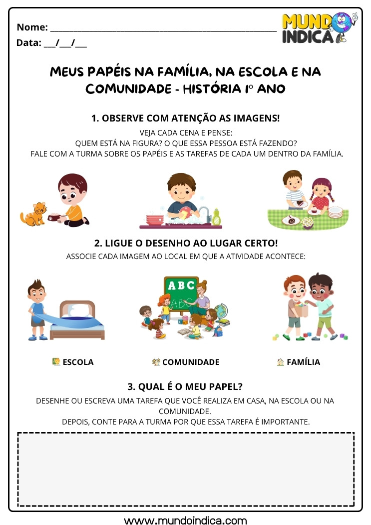 Atividade de História 1º Ano sobre Papéis na Família, Escola e Comunidade para Imprimir