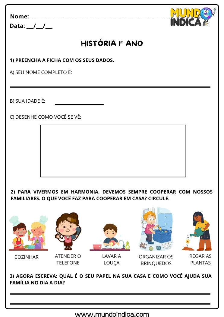 Atividade de História 1º Ano sobre Papel na Família, Cooperação e Autorretrato para Imprimir