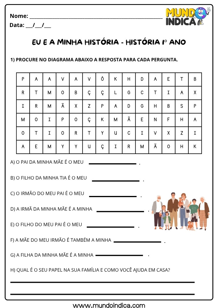 Atividade de História 1º Ano sobre Parentesco e Relações Familiares para Imprimir