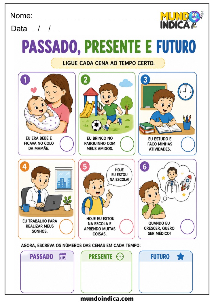 Atividade de História para o 1º ano sobre passado, presente e futuro
