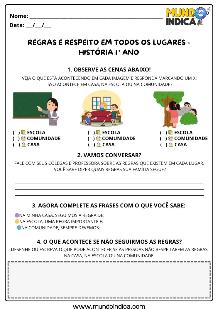 Atividade de História 1º Ano sobre Regras em Casa, Escola e Comunidade para Imprimir
