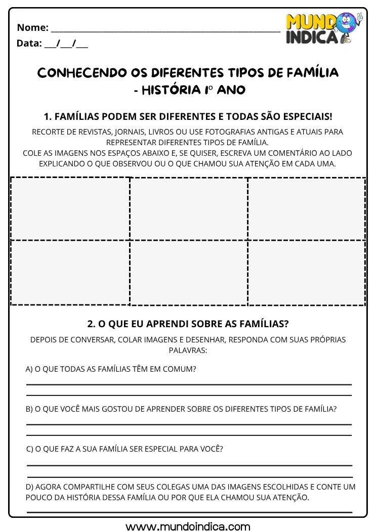Atividade de História 1º Ano sobre Tipos de Família e Diversidade Familiar para Imprimir
