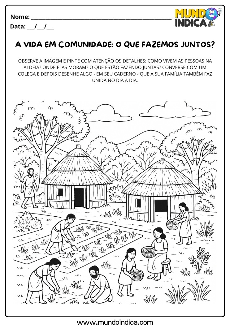 Atividade de História 1º Ano sobre vida em comunidade e tarefas coletivas nas primeiras aldeias para imprimir