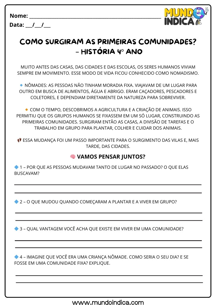Atividade de História 4 ano Como Surgiram as Primeiras Comunidades para Imprimir