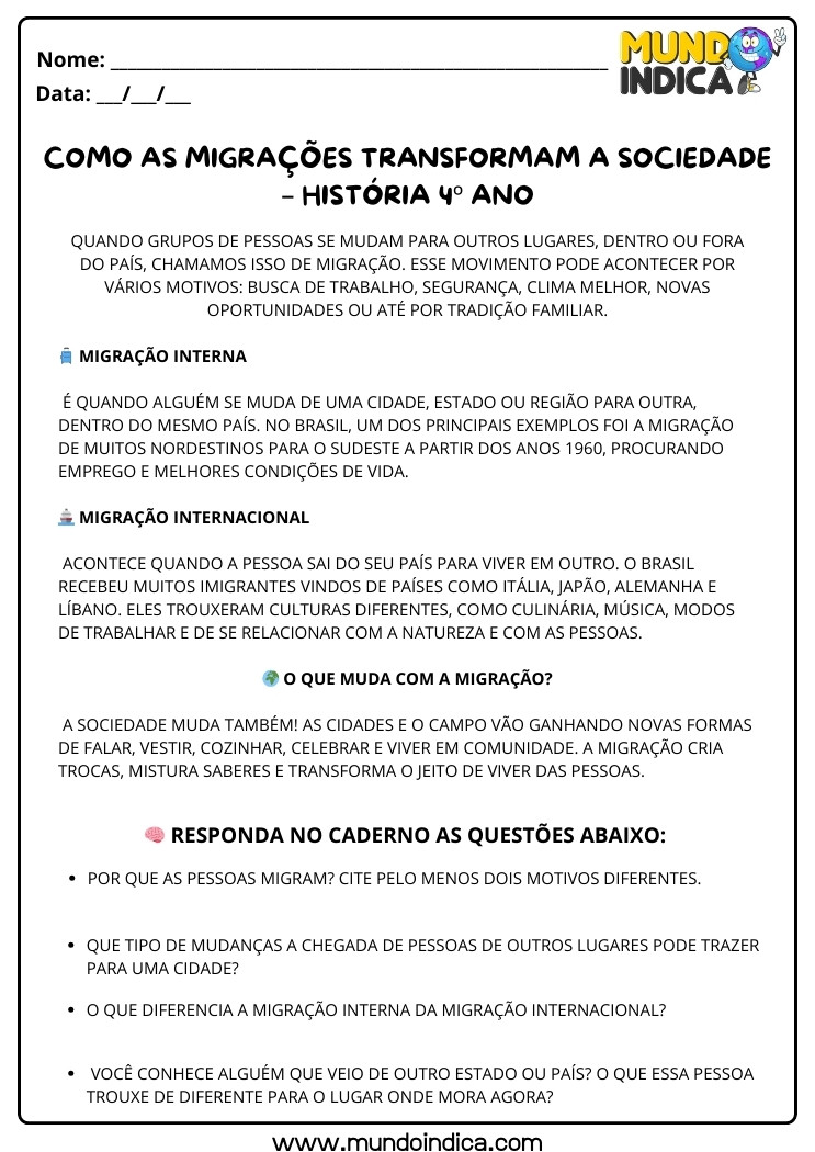 Atividade de História 4 ano Como as Migrações Transformam a Sociedade para Imprimir