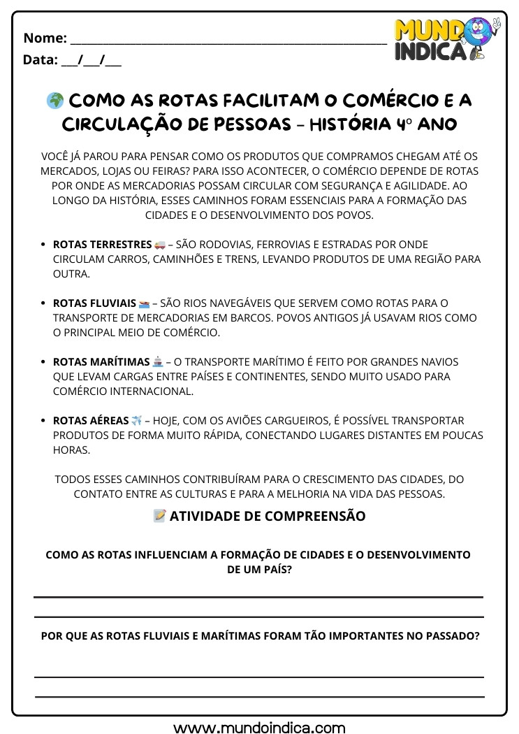 Atividade de História 4 ano Como as Rotas Facilitam o Comércio e a Circulação de Pessoas para Imprimir