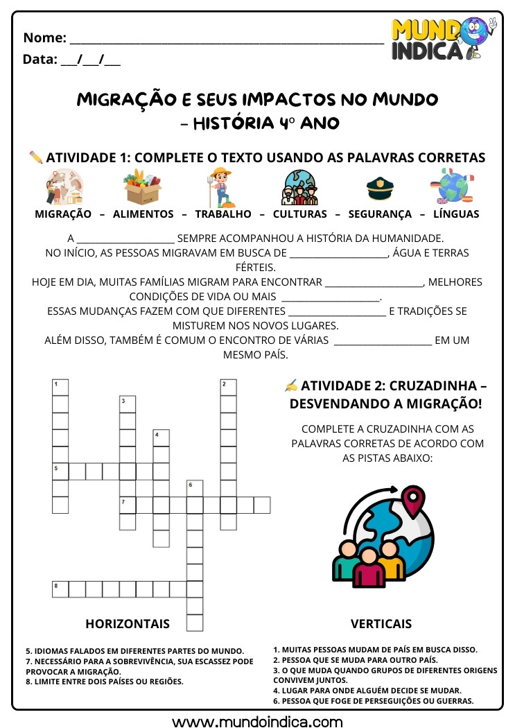 Atividade de História 4 ano sobre Migração e seus Impactos no Mundo para Imprimir