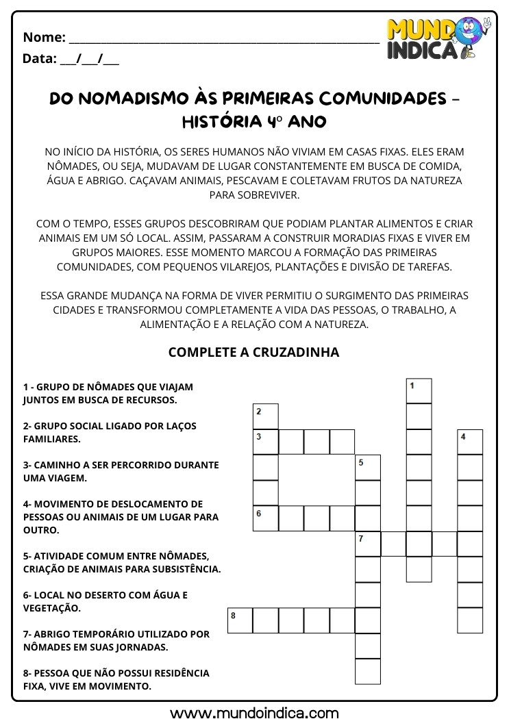 Atividade de História 4 ano sobre Nomadismo e as Primeiras Comunidades para Imprimir