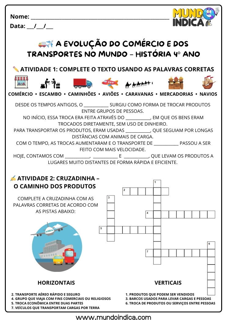 Atividade de História 4 ano sobre a Evolução do Comércio e dos Meios de Transporte no Mundo para Imprimir
