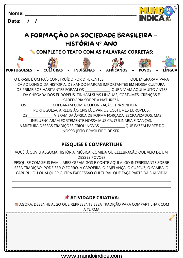 Atividade de História 4 ano sobre a Formação da Sociedade Brasileira para Imprimir