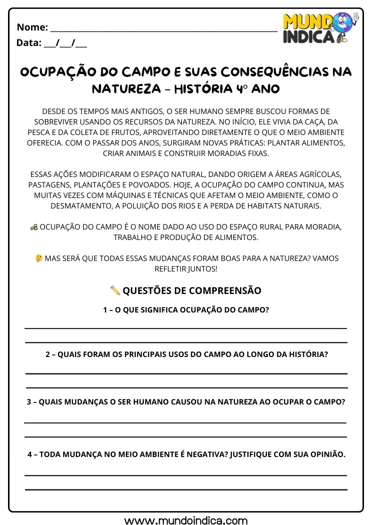 Atividade de História 4 ano sobre a Ocupação do Campo e suas Consequências na Natureza para Imprimir