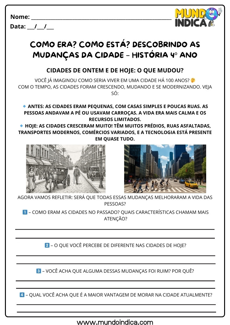 Atividade de História 4 ano sobre as Cidades de Antigamente e as Cidades Atuais para Imprimir