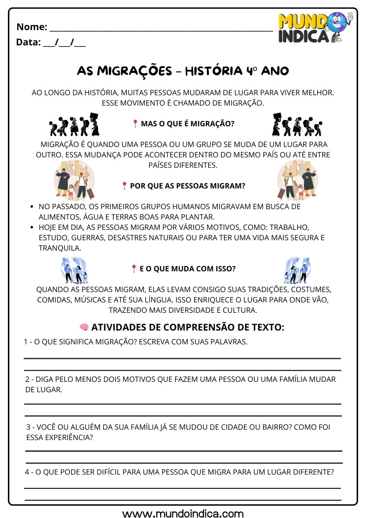 Atividade de História 4 ano sobre as Migrações para Imprimir