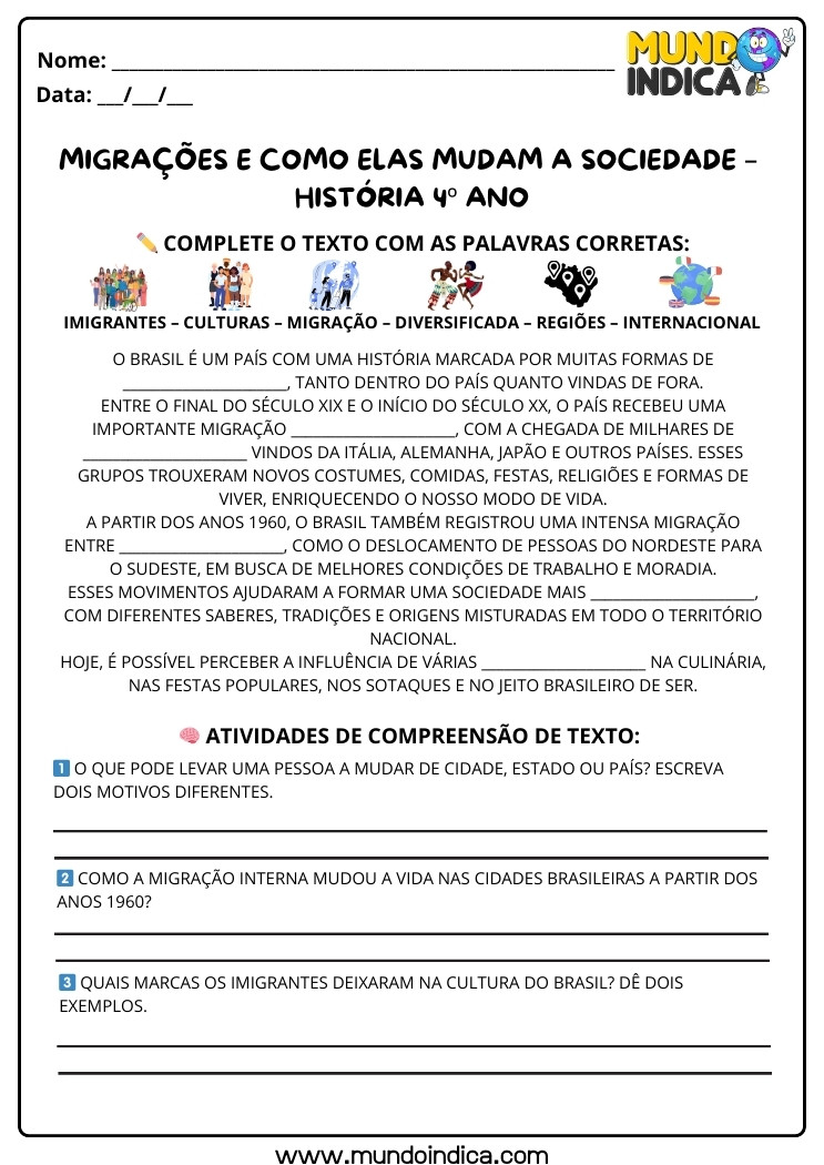 Atividade de História 4 ano sobre as Mudanças da Sociedade Devido às Migrações para Imprimir