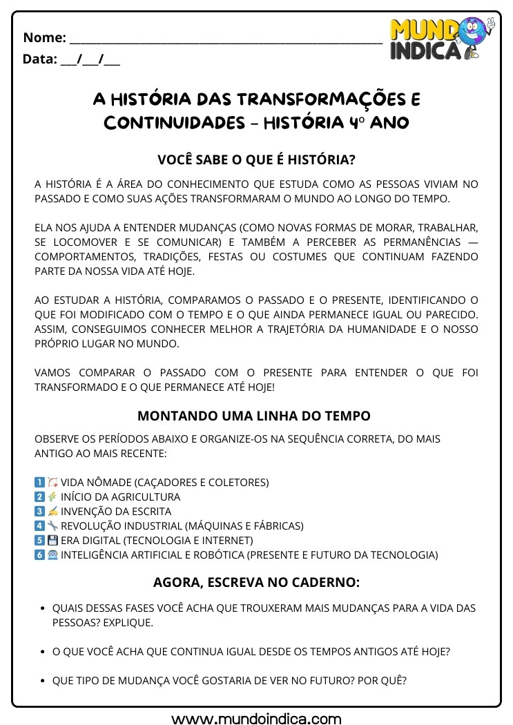 Atividade de História 4 ano sobre as Transformações e Continuidades para Imprimir