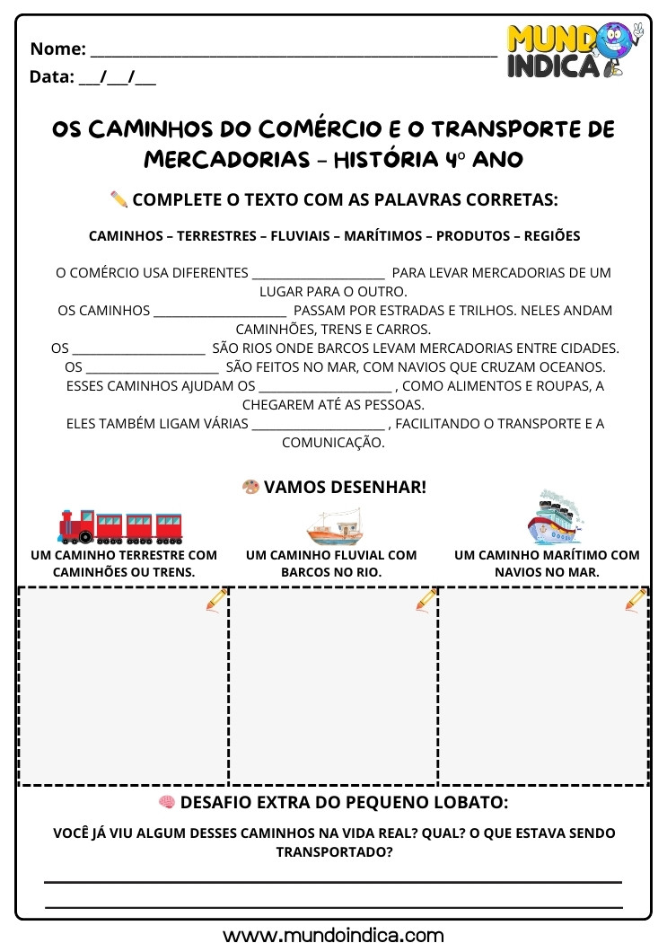 Atividade de História 4 ano sobre o Caminho do Comércio e o Transporte de Mercadorias para Imprimir
