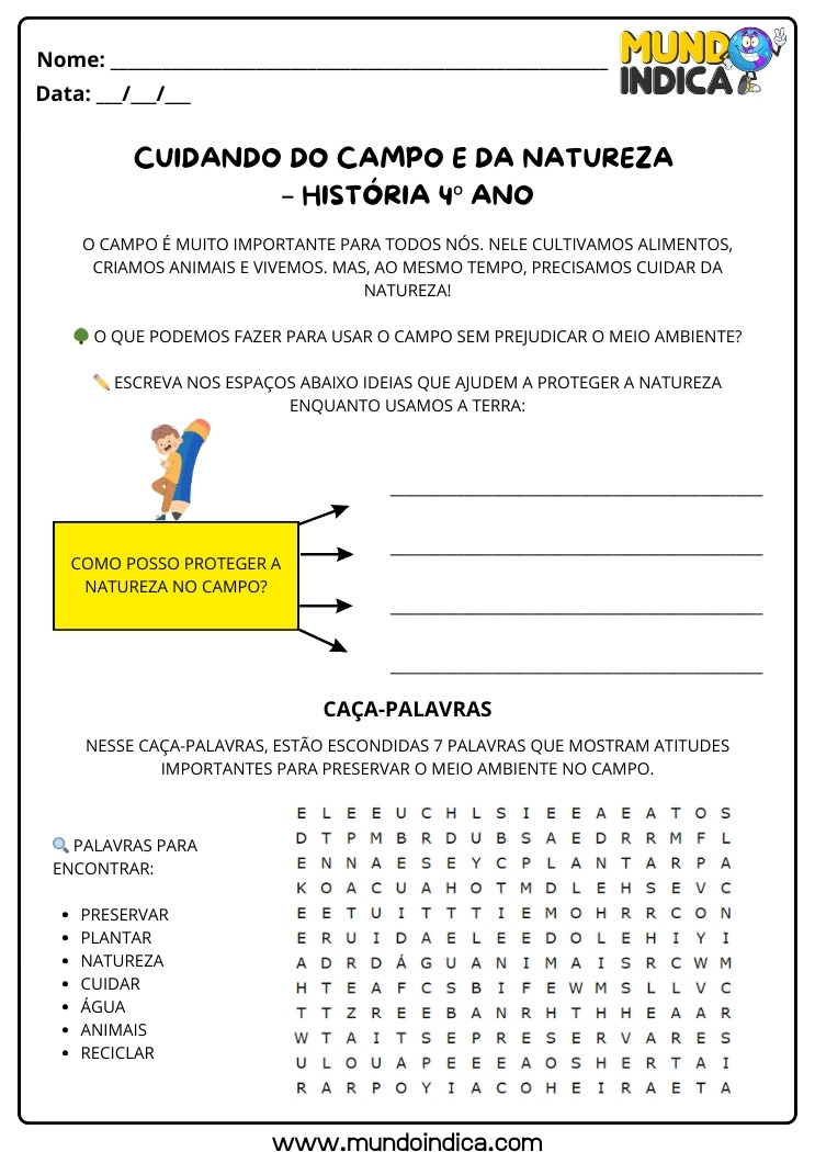 Atividade de História 4 ano sobre o Cuidado do Campo e da Natureza para Imprimir