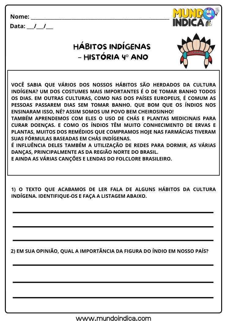 Atividade de História 4 ano sobre os Hábitos Indígenas para Imprimir