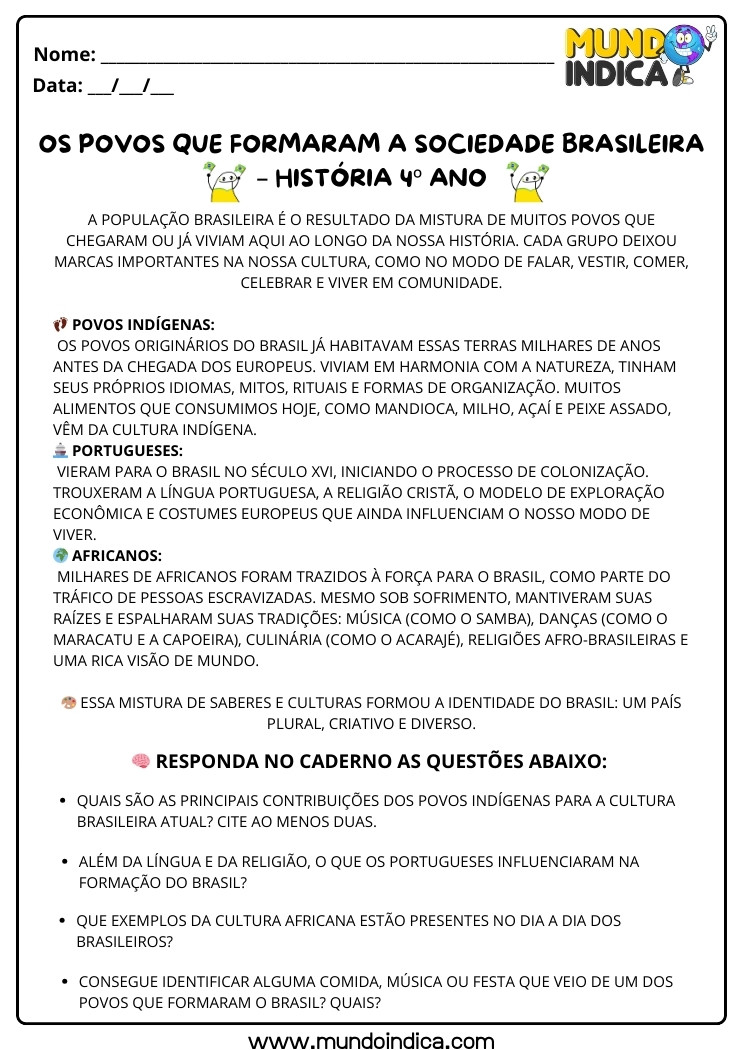 Atividade de História 4 ano sobre os Povos que Formaram a Sociedade Brasileira para Imprimir